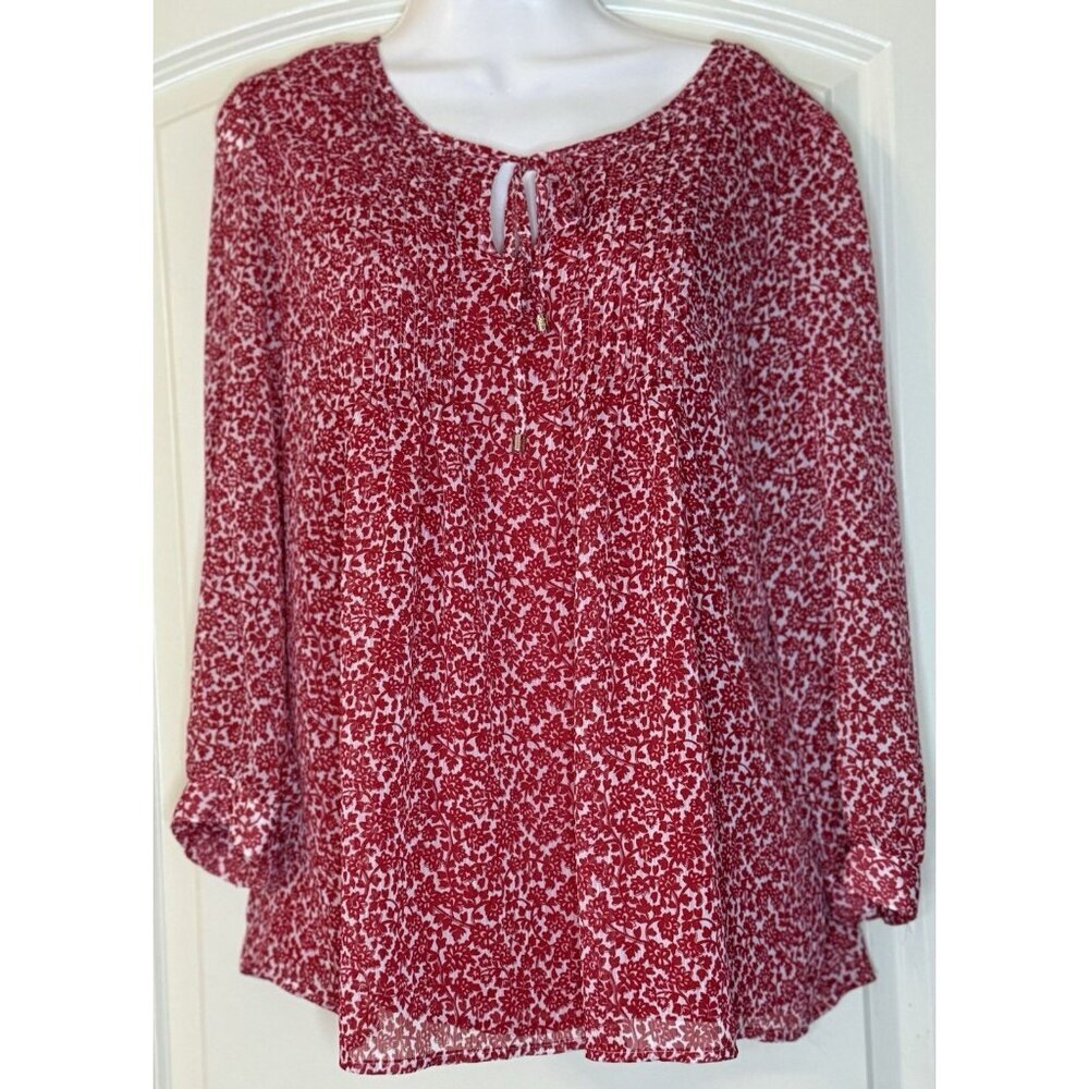 Tommy Hilfiger Blouse SZ XL Pin-tucked Floral 3/4 Sleeve Flowy‎ Whimsy Career